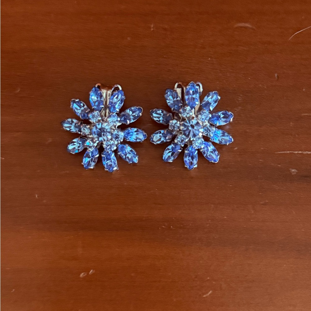 Blue Crystal Flower Clip-On Earrings